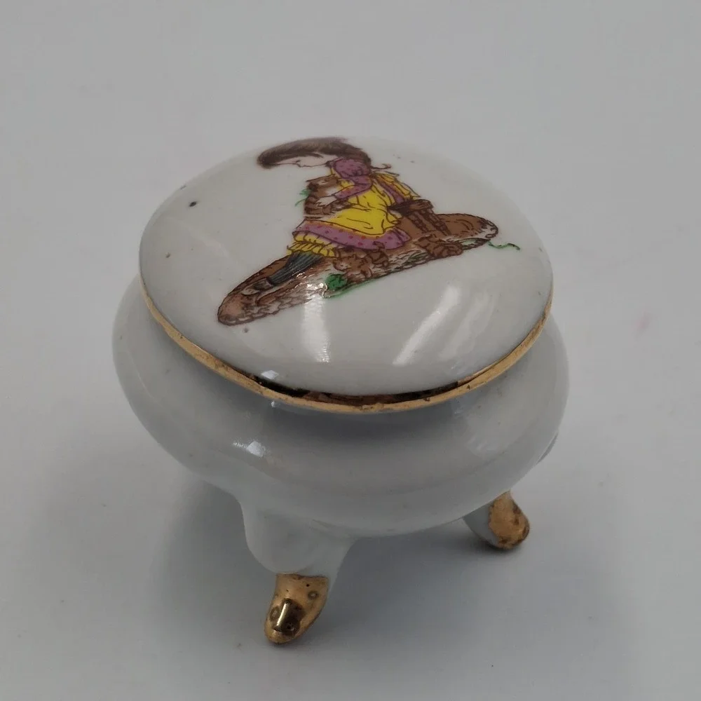 Vintage Petticoats & Pantaloons Roth Footed Trinket Box Porcelain Girl Cat Japan